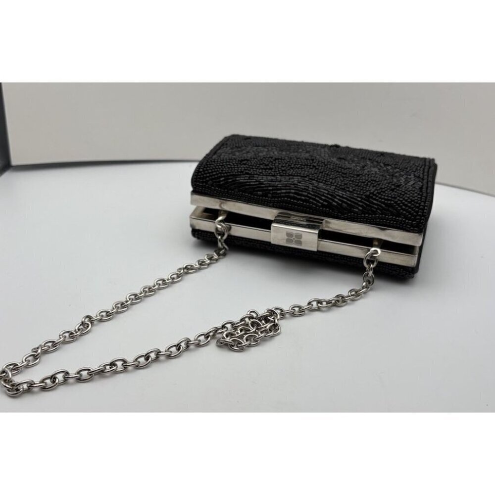 BCBG Maxazria Black Beaded Clutch Purse Handbag Hot Pink Lining Chrome Trim - Picture 6 of 9